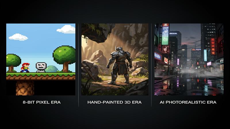 Evolution of game art from pixel sprites to AI-generated environments