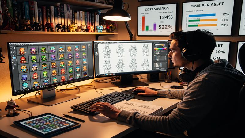 Indie game developer comparing AI-generated assets with hand-drawn concept art
