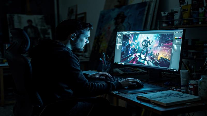 Digital artist facing displacement by AI-generated artwork in a dark studio