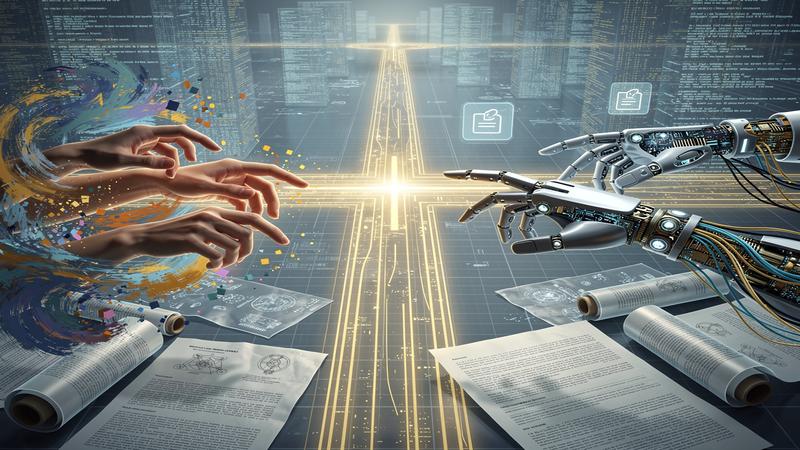 Abstract representation of AI regulation crossroads in creative industries