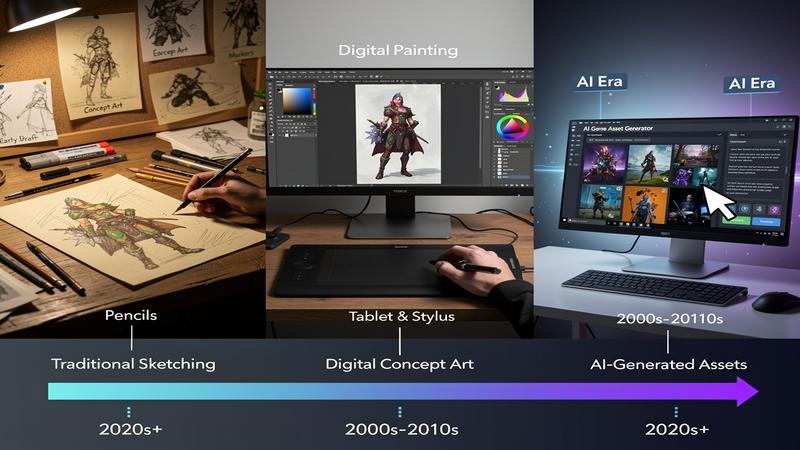 Evolution from traditional concept art to AI-assisted game development