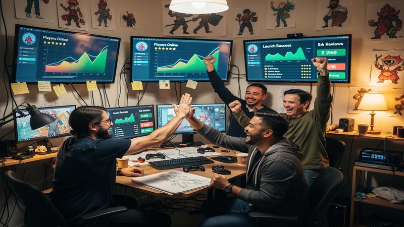 Indie game development team celebrating successful AI-assisted game launch