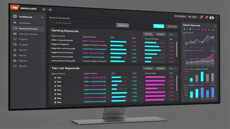 SEO keyword research dashboard showing gaming keyword opportunities and search volume data