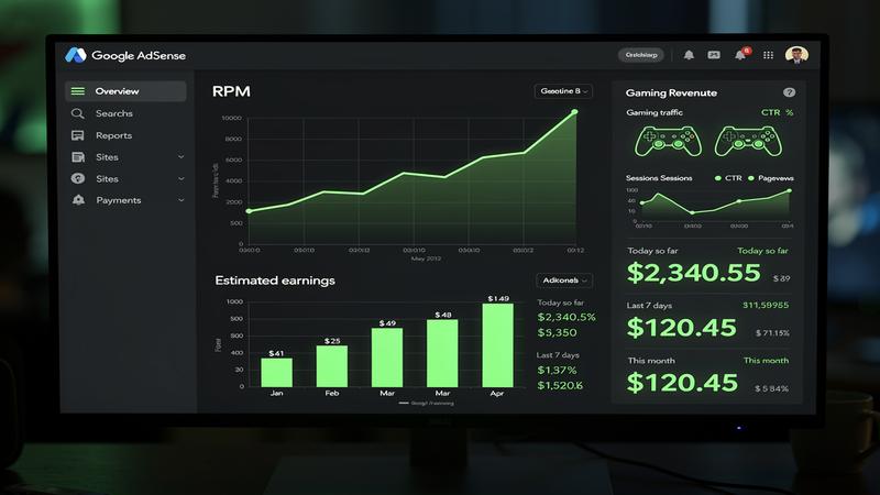 Google AdSense revenue dashboard showing RPM trends and earnings growth for gaming website