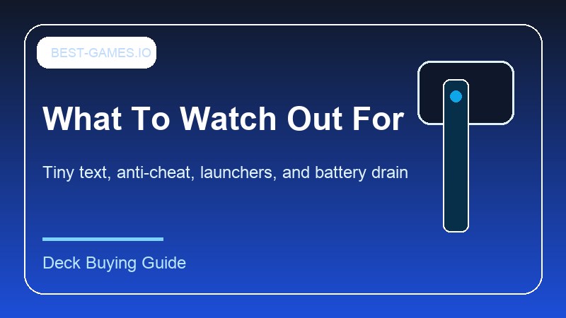 Illustrated warning signs for Steam Deck purchases such as tiny text and launchers