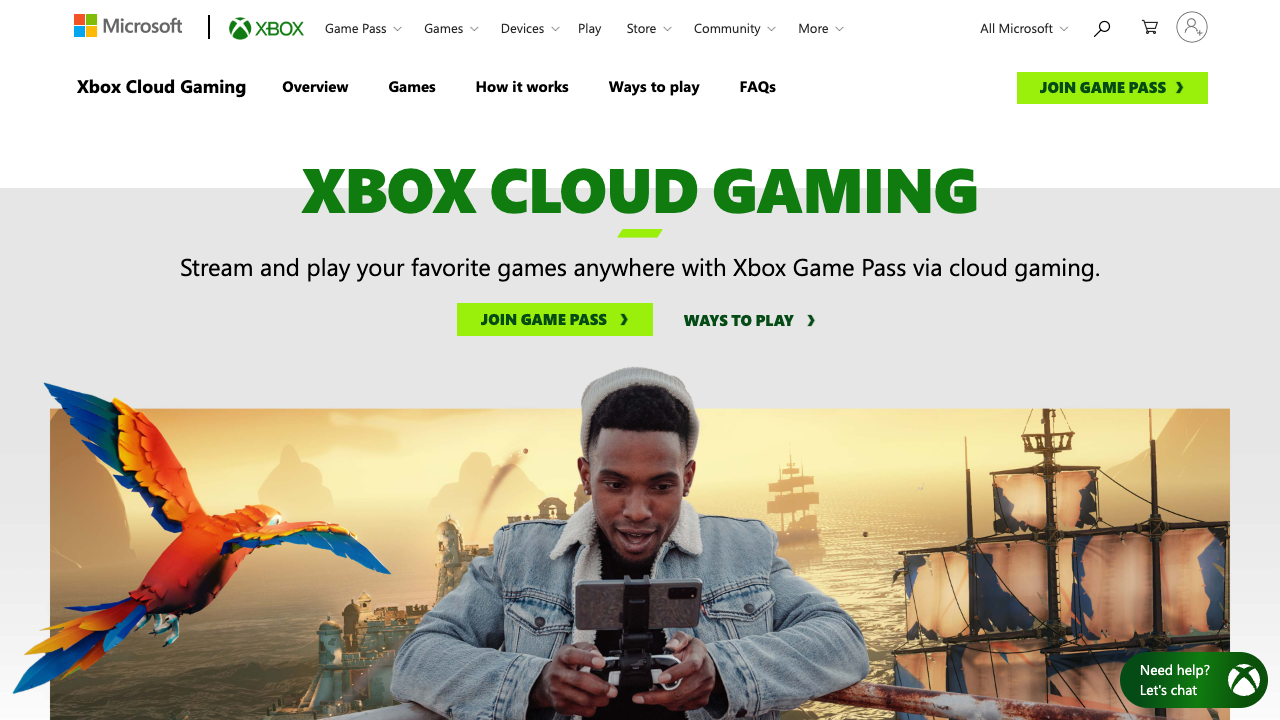 Official Xbox Cloud Gaming page screenshot showing cloud play across screens