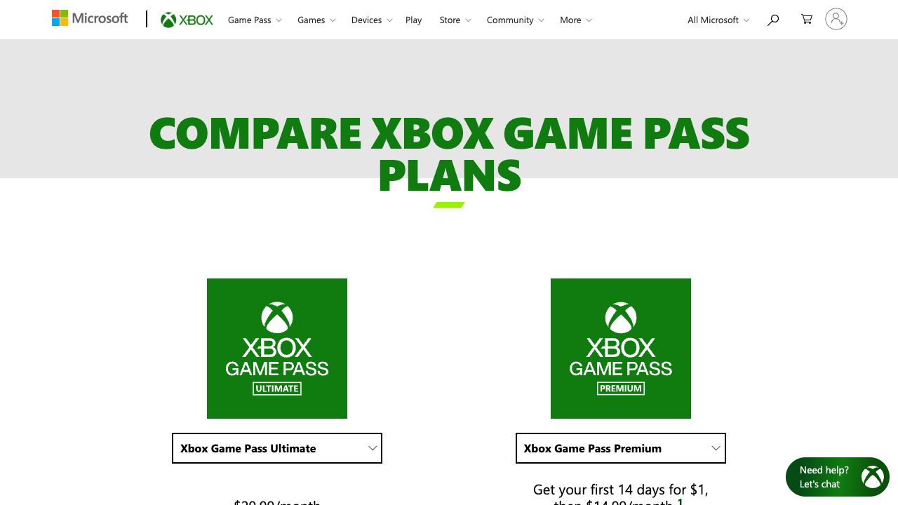 Official Xbox Game Pass compare page screenshot showing Ultimate and Premium plans