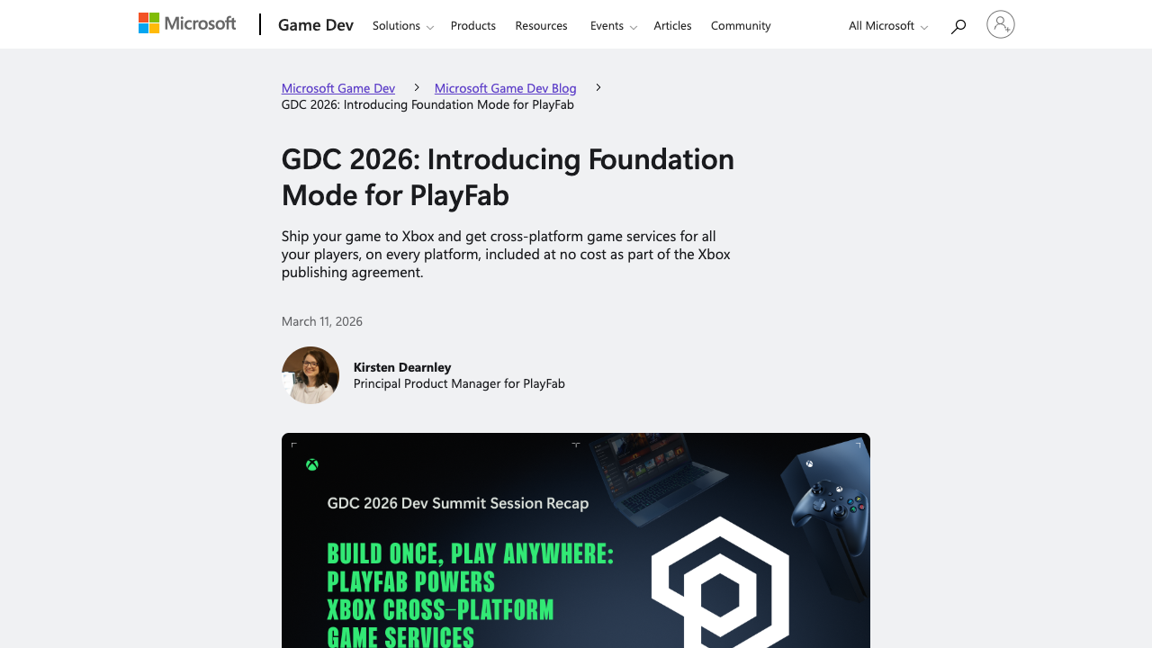 Microsoft Game Dev article introducing Foundation Mode for PlayFab
