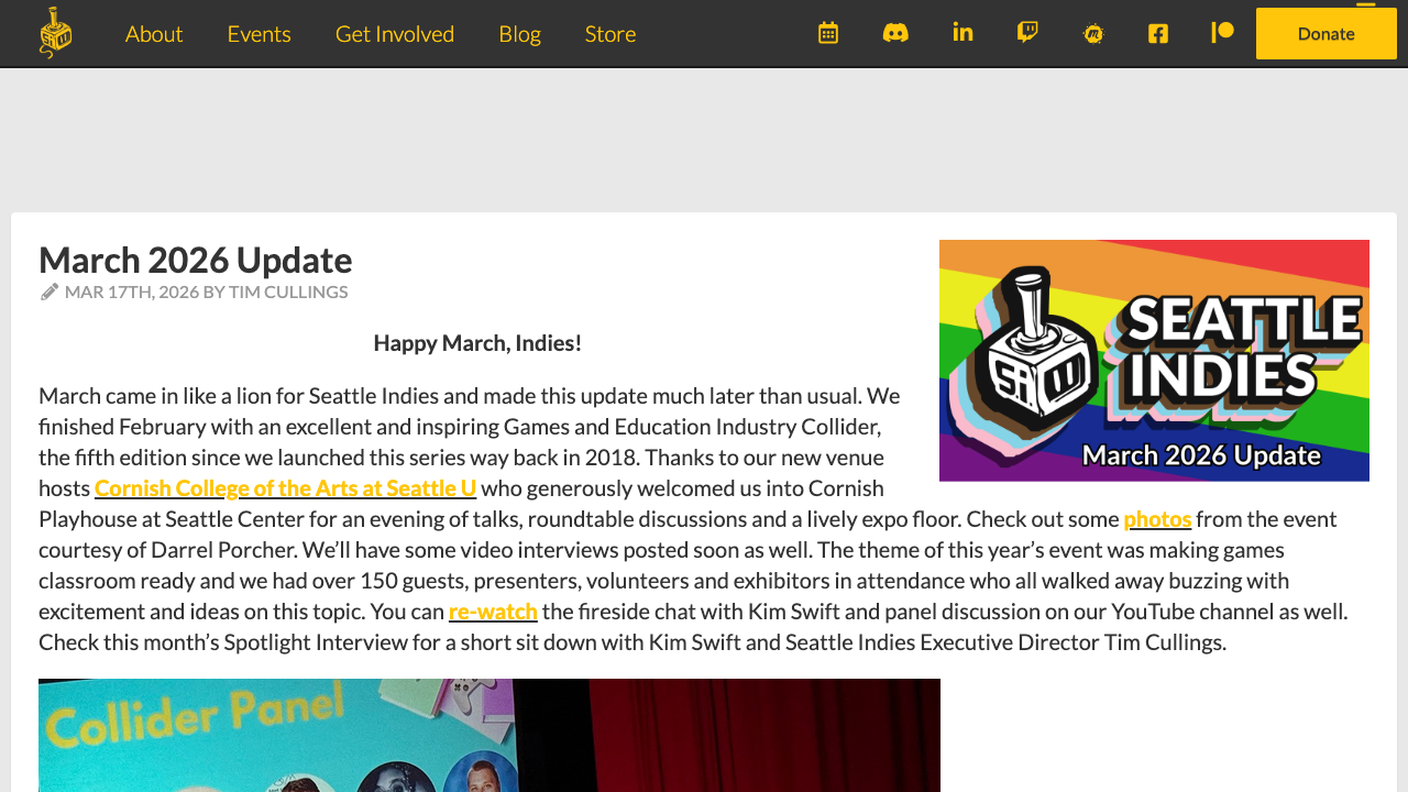 Seattle Indies March 2026 update page