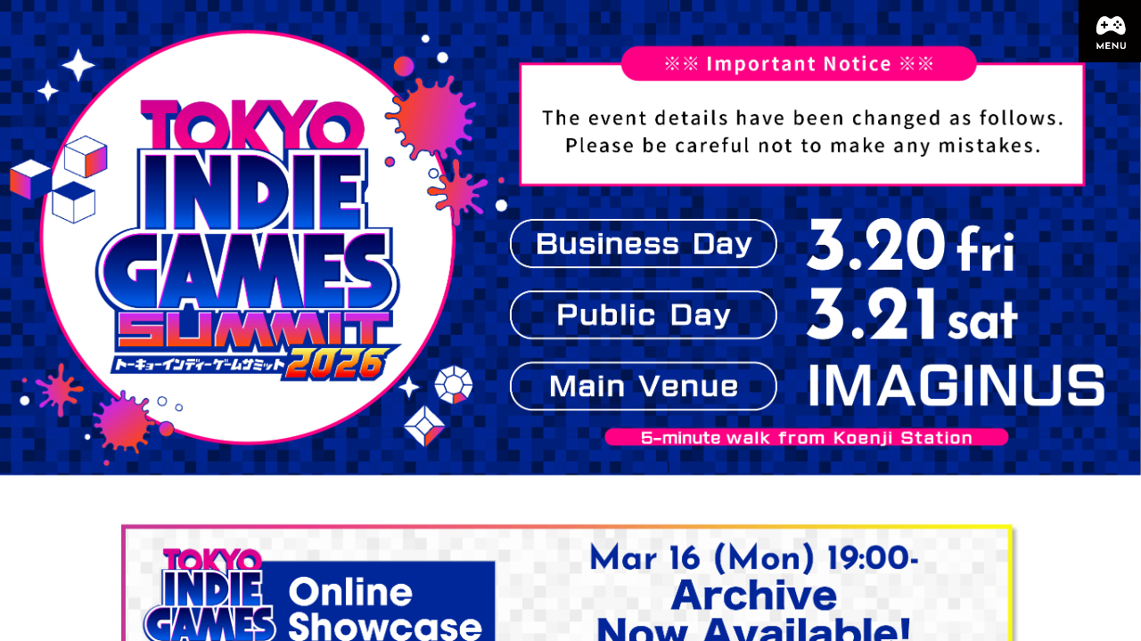 Tokyo Indie Games Summit 2026 page showing business day and public day information
