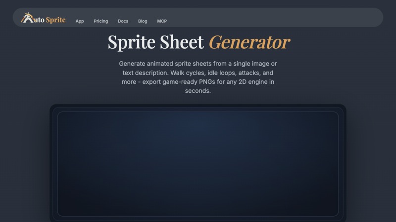 AutoSprite AI sprite sheet generator page for indie developers making 2D game animations