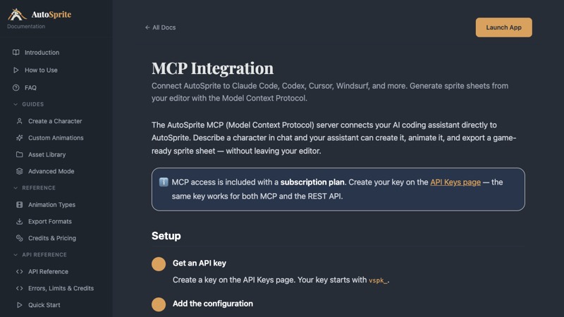 AutoSprite MCP documentation showing editor integration for AI coding assistants and sprite sheet generation