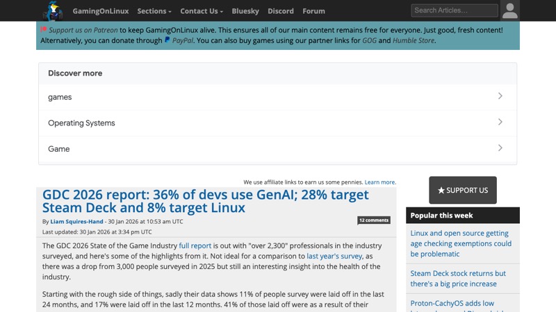 GDC 2026 report coverage showing generative AI adoption and developer concern in the game industry
