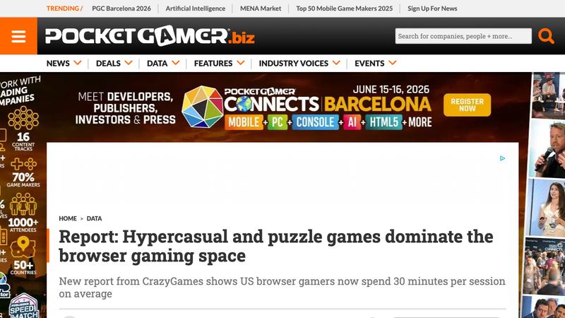 PocketGamer.biz report about browser games 2026 and CrazyGames session length data