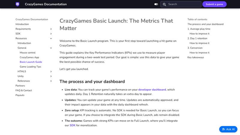 CrazyGames documentation showing engagement metrics for browser games, average play time, retention, and conversion