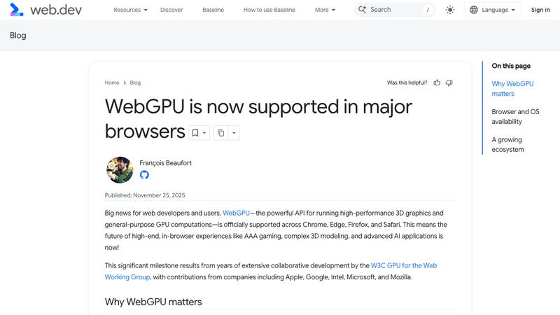 web.dev article about WebGPU support in major browsers for high-performance web games