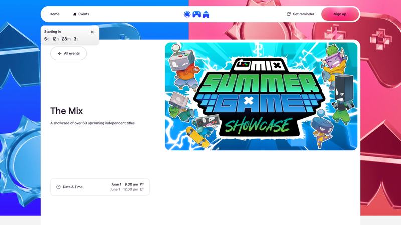 The MIX Summer Game Showcase page highlighting more than 60 independent titles during Summer Game Fest 2026