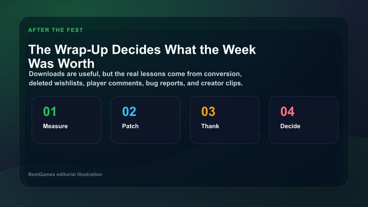Steam Next Fest post-festival checklist with measure, patch, thank, and decide steps
