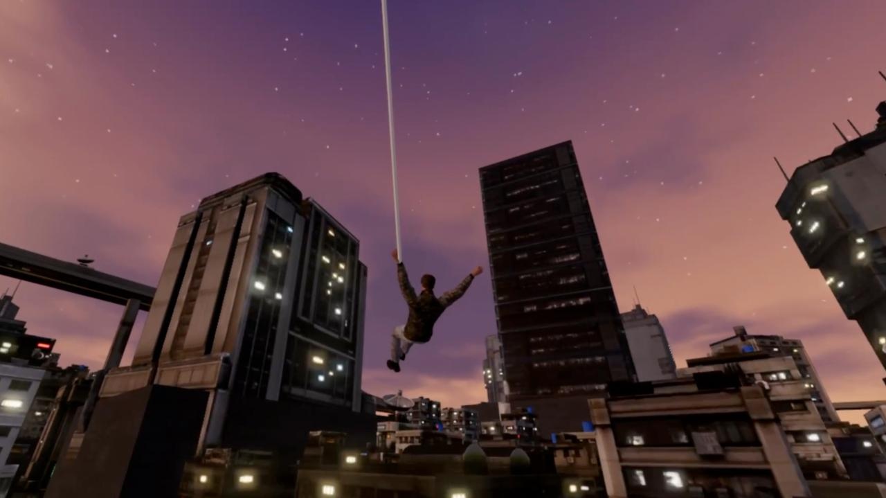 Kimi K3 official 3D demo showing a character swinging between buildings at dusk