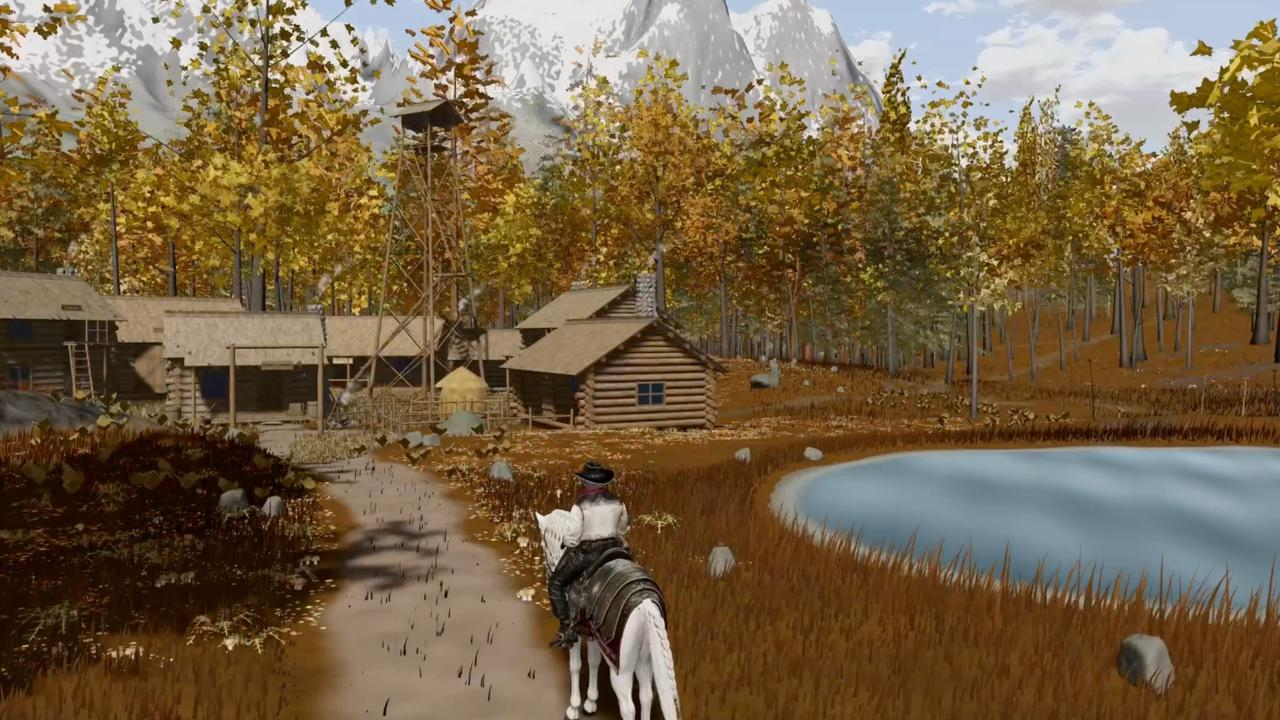 Kimi K3 official open-world demo showing a rider approaching log cabins beside a lake and forest