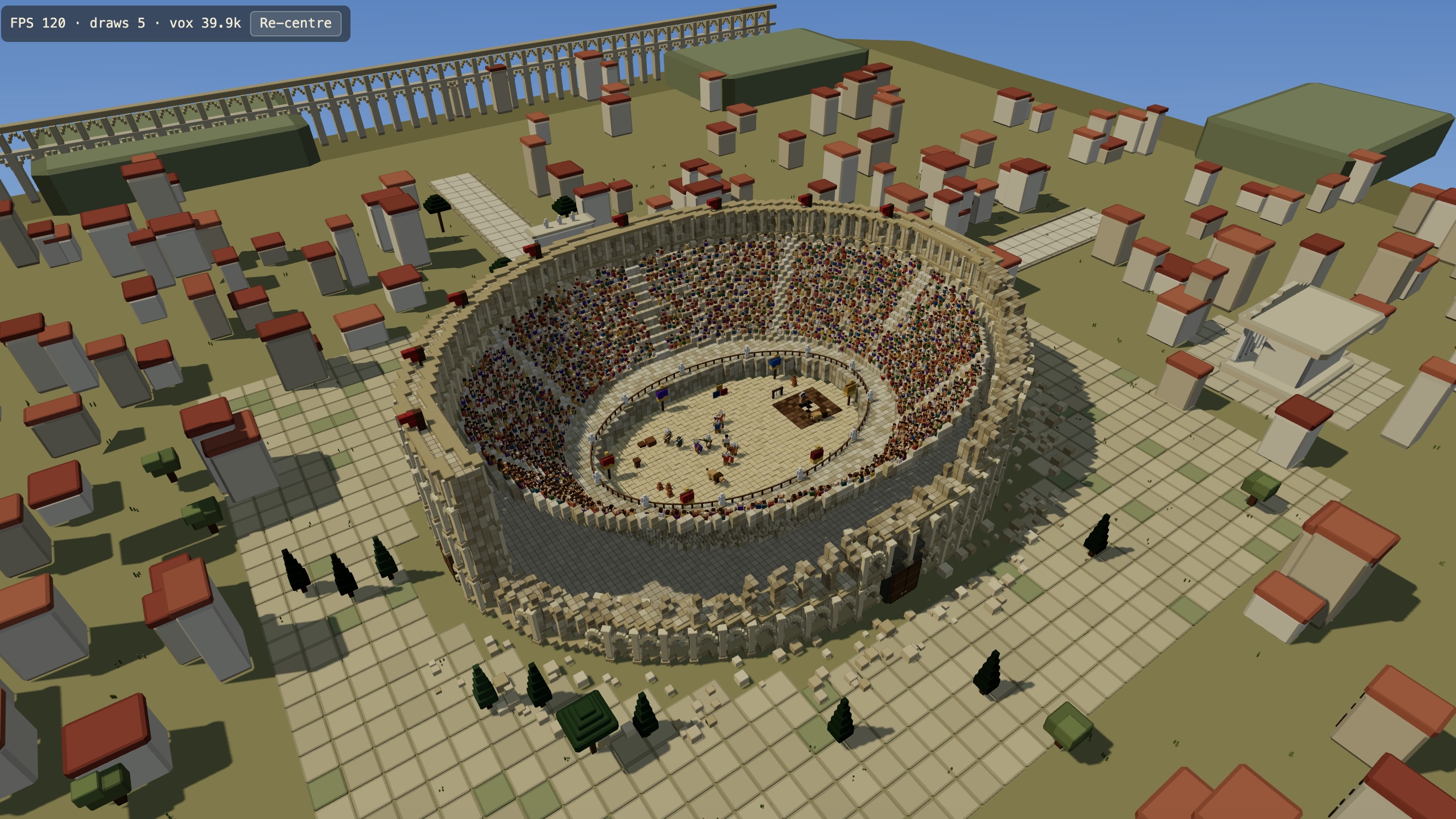 Kimi K3 official voxel colosseum demo with a large arena, buildings, and dense spectators