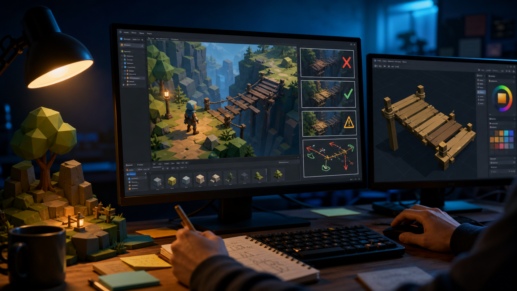 A bridge in a game prototype being inspected and adjusted after playtest feedback