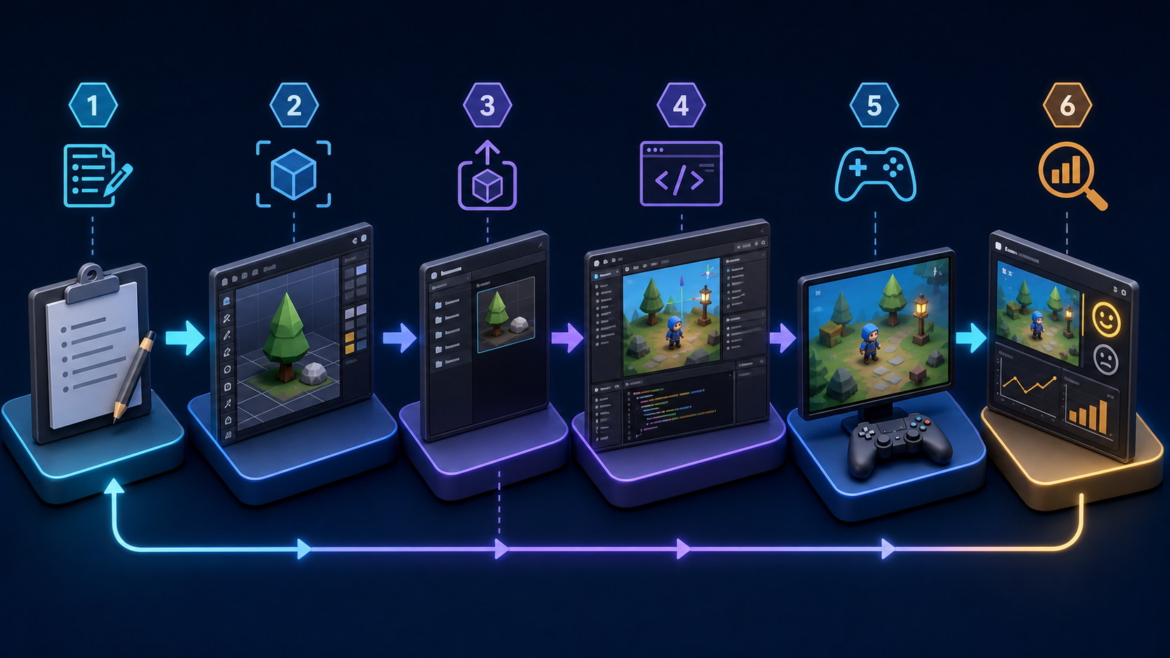 A production loop moving from requirements to Blender modeling, Unity import, scripting, playtesting, and review