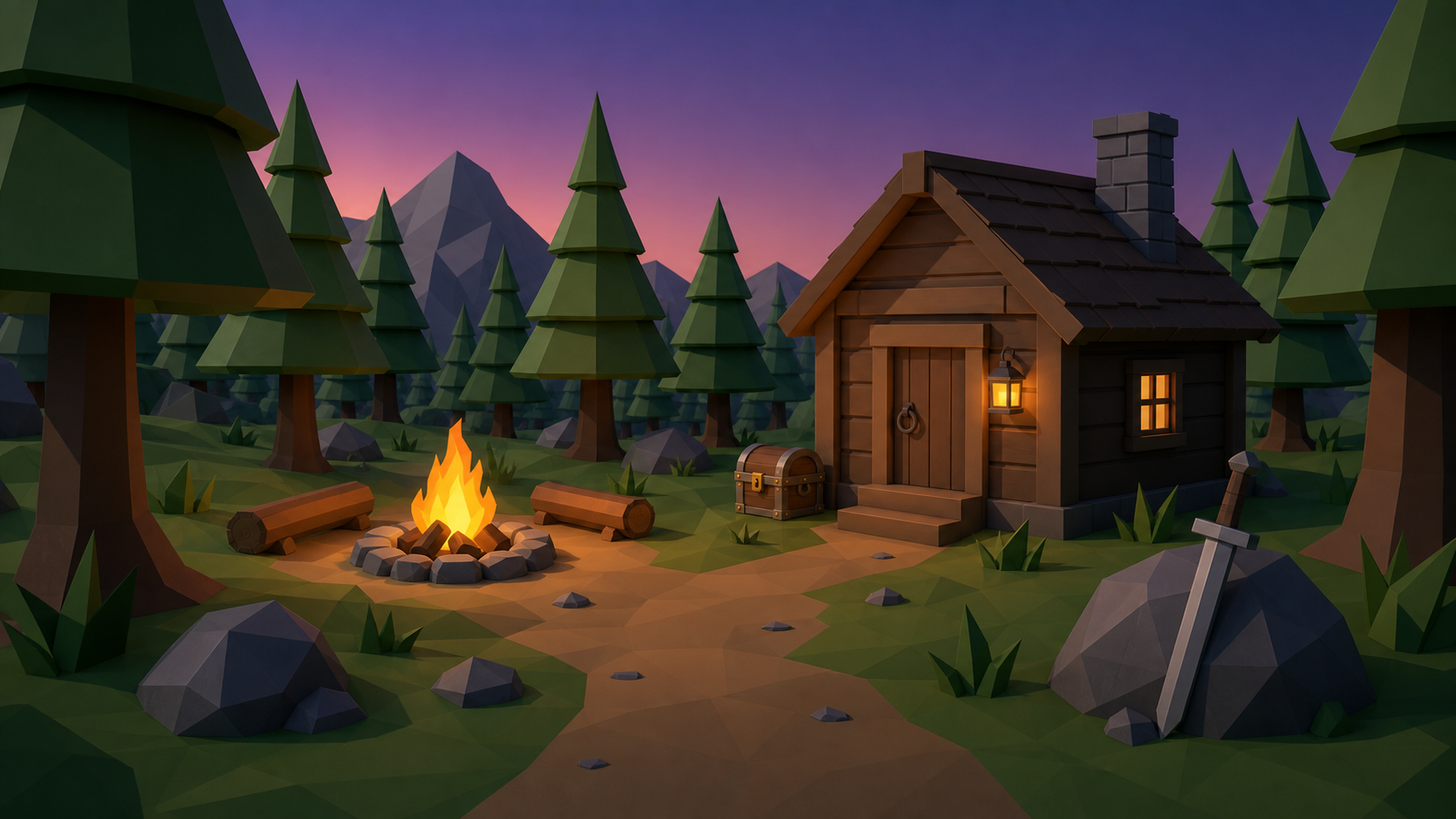 Low-poly Blender greybox of a forest clearing with cabin, campfire, path, and treasure chest