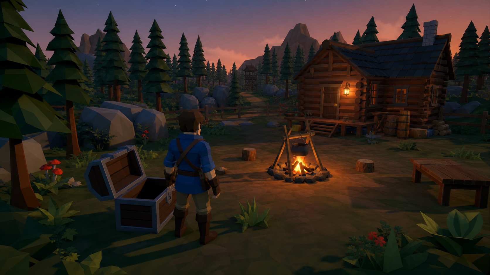 Playable Godot prototype scene with player near cabin, campfire, and treasure chest