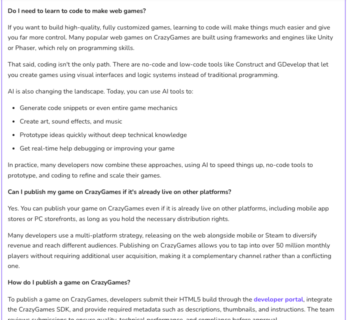 CrazyGames developer FAQ encouraging AI tools for code, art, sound, and music, with no Steam-style AI disclosure field