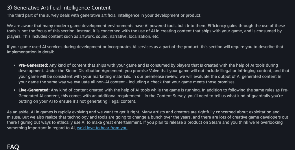 Steamworks Content Survey section on Steam AI disclosure, requiring pre-generated and live-generated player-facing content to be declared