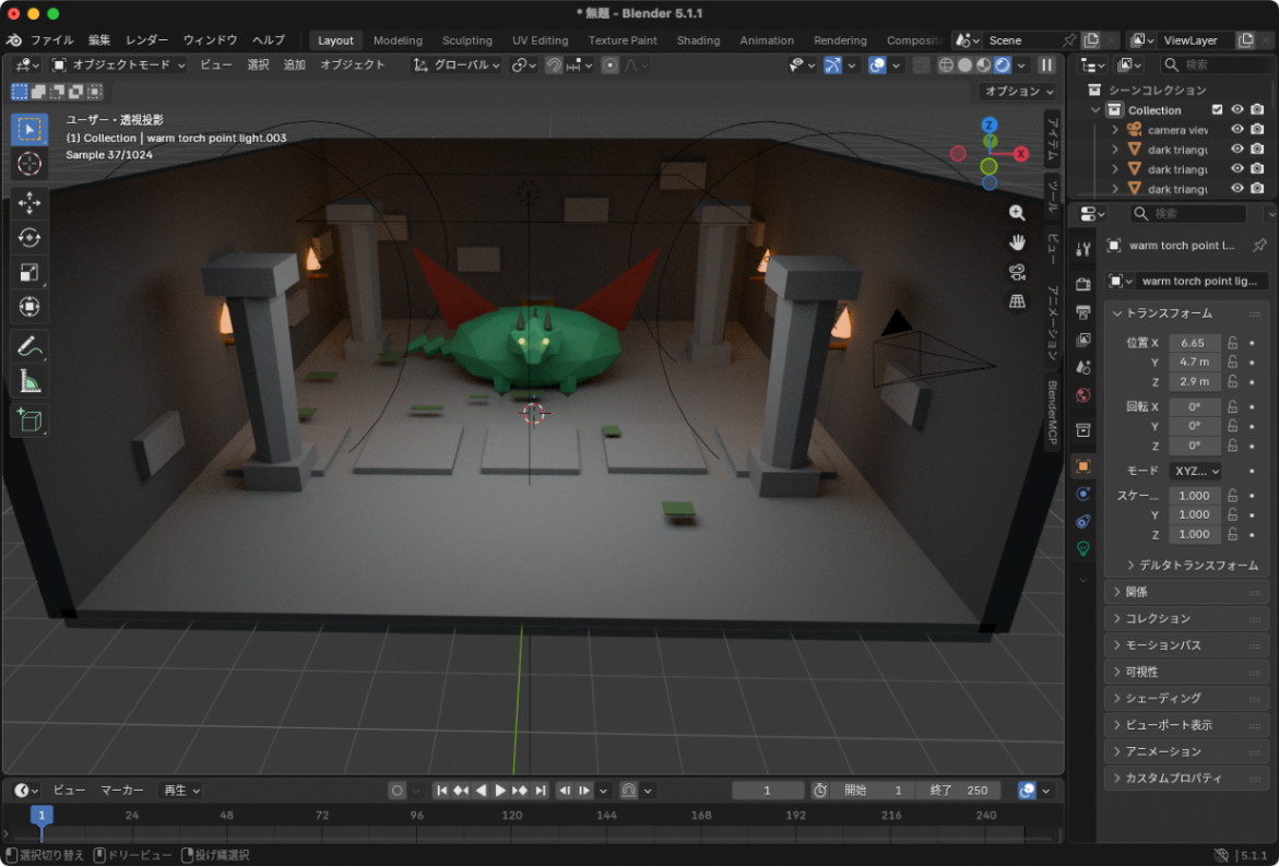 Codex and BlenderMCP low-poly dungeon scene with a dragon, columns, and torch lighting