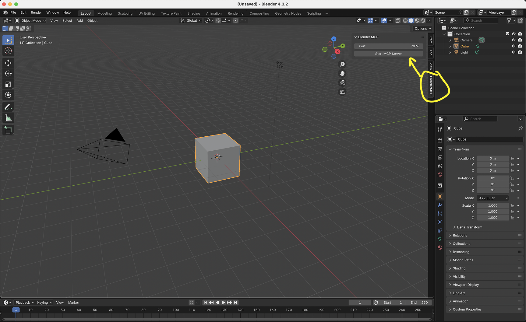 Community BlenderMCP add-on panel inside Blender with a local server start button