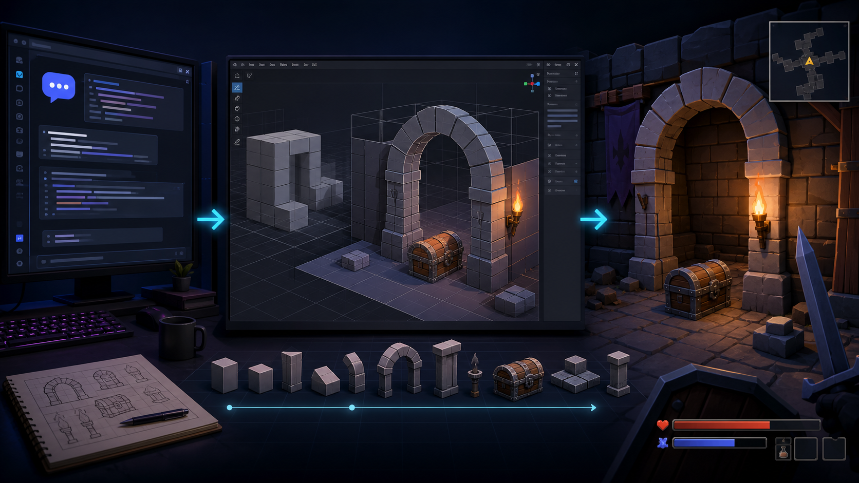 AI-assisted game asset workflow moving from a coding agent through 3D modeling into a playable low-poly dungeon