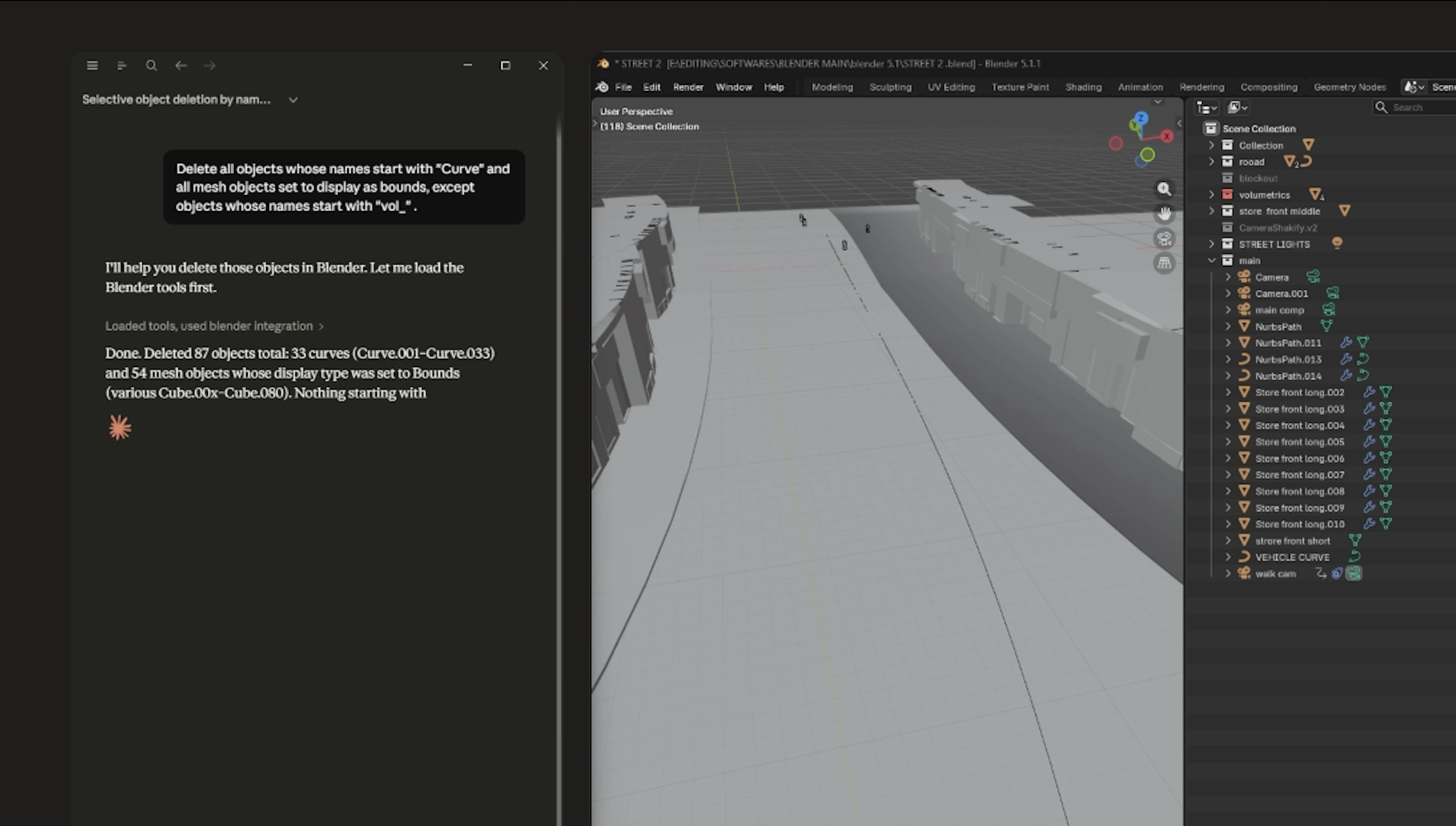 Claude using the official Blender connector to delete selected scene objects by naming rules