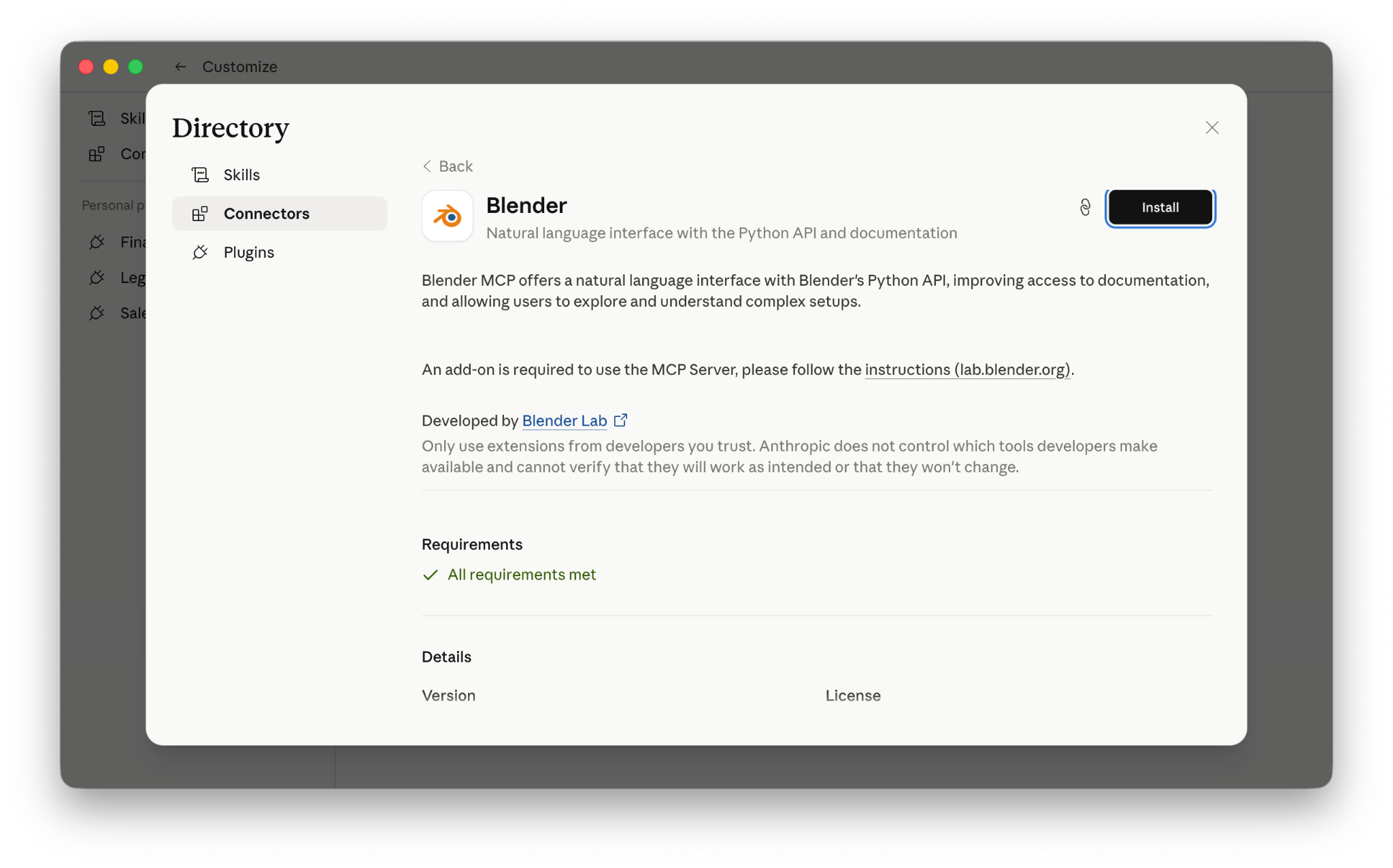 Official Blender connector installation page in Claude showing the Blender developer attribution and requirements