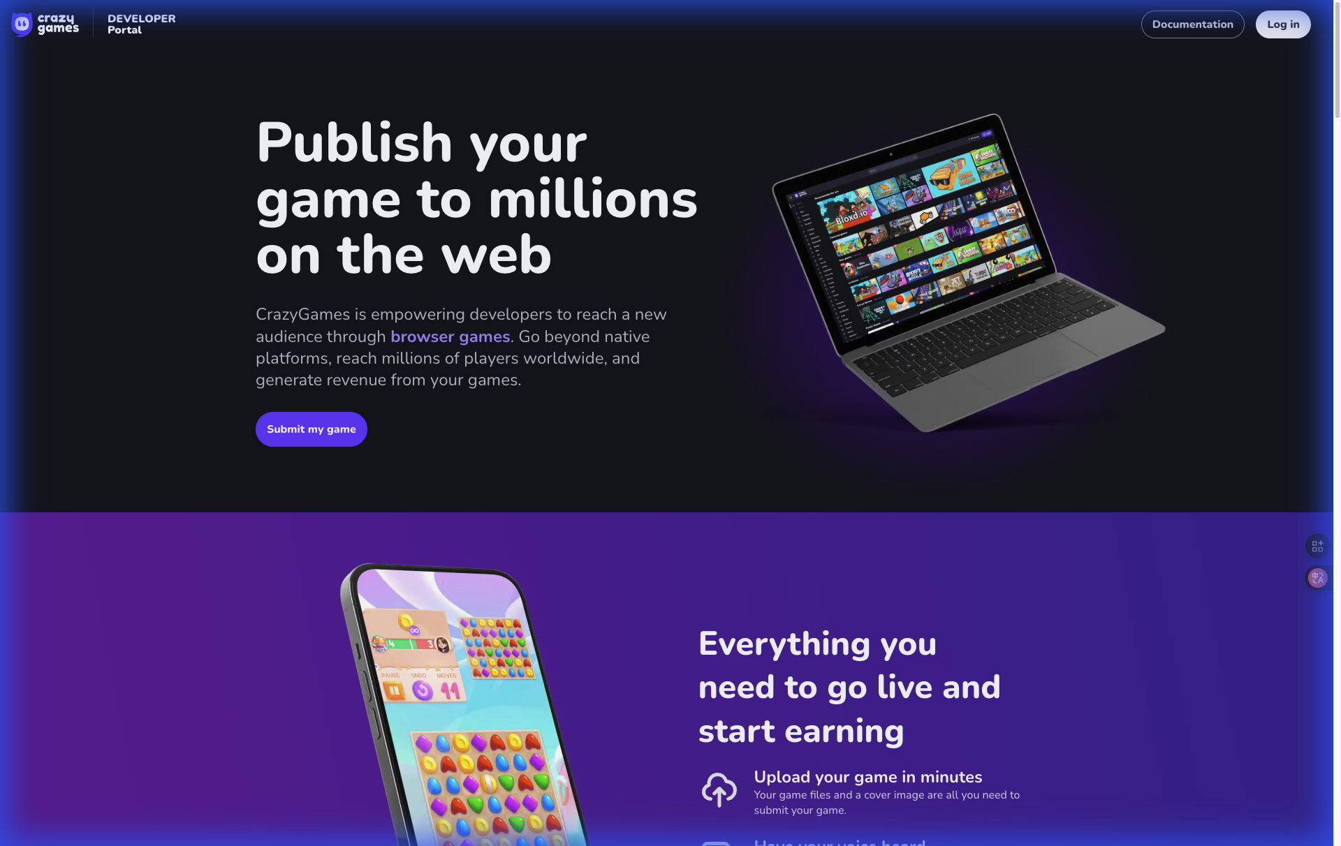 CrazyGames Developer Portal Landing Page