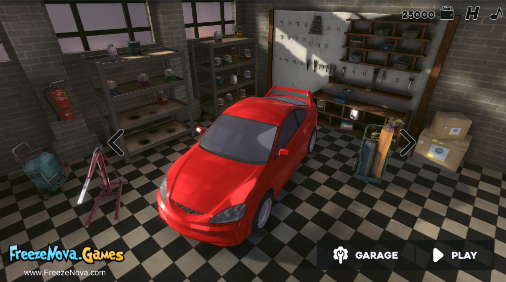 Drift Hunters Pro Garage - A red sports car ready for tuning in a detailed 3D garage