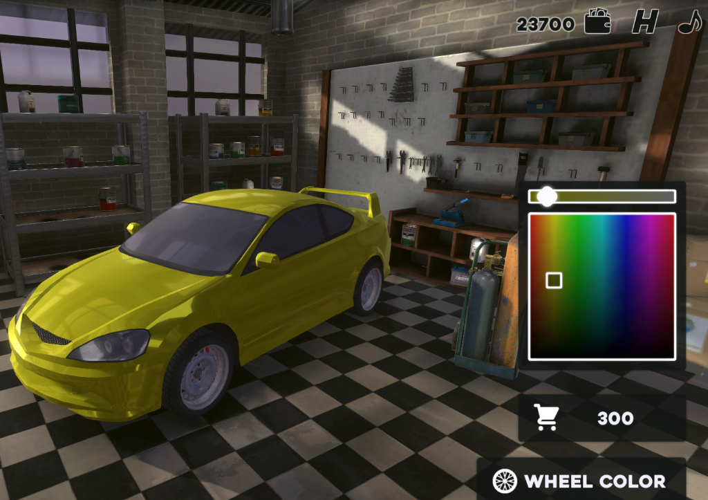 Drift Hunters Pro Paint Customization - Choosing a vibrant yellow color for the car and wheels