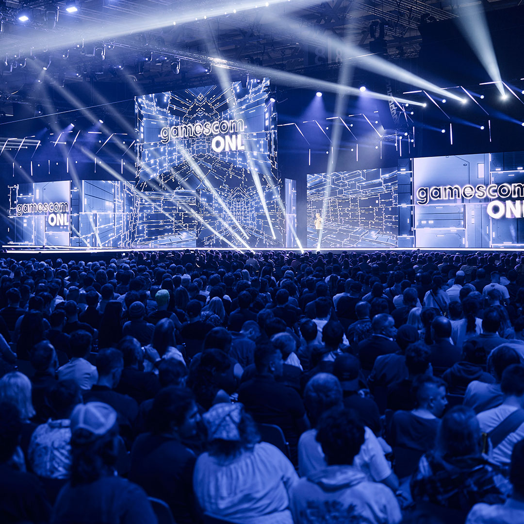 The official Gamescom Opening Night Live stage filled with an audience