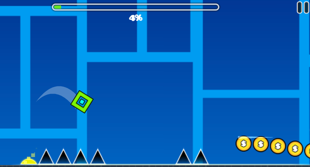 Geometry Dash Gameplay - A green cube jumping over sharp spikes in an blue geometric world