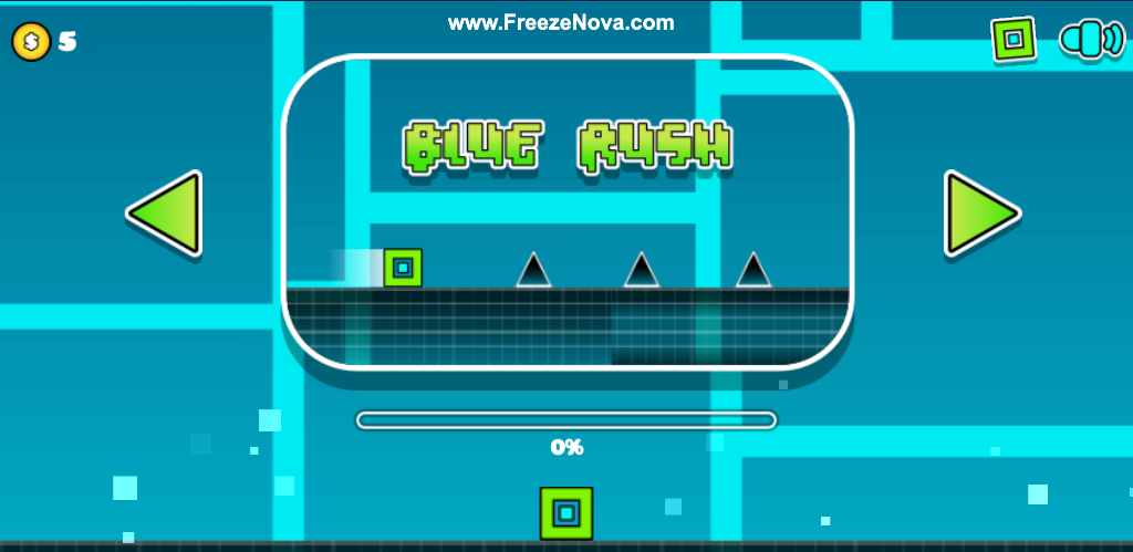 Geometry Dash Level Selection - Choosing the Blue Rush level with 0% progress