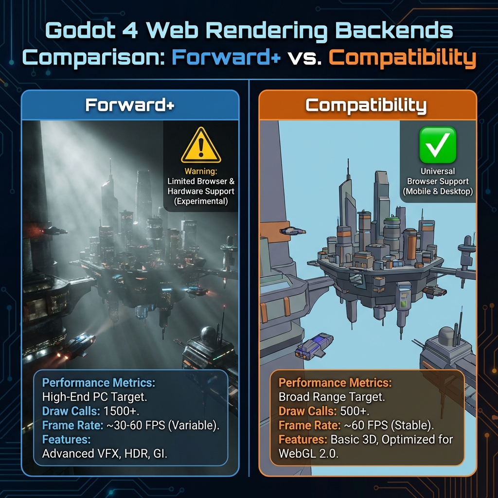 Side-by-side comparison of Godot 4 Forward+ vs Compatibility renderer for web export optimization