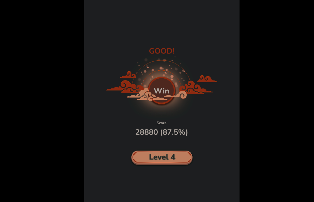 Mahjong Victory - A screen showing a win with high score and progress