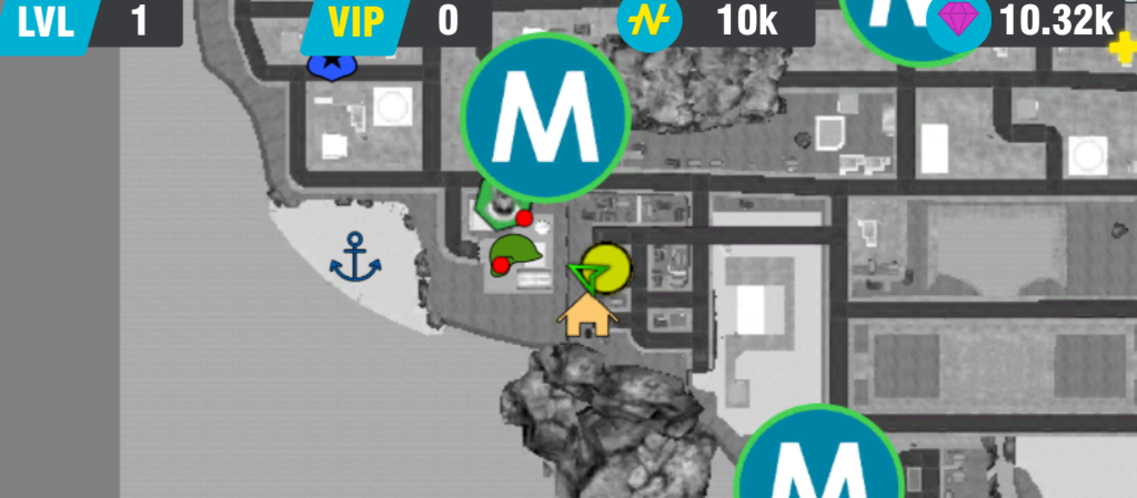 GTA Simulator Map - A detailed top-down view of the city layout with mission markers