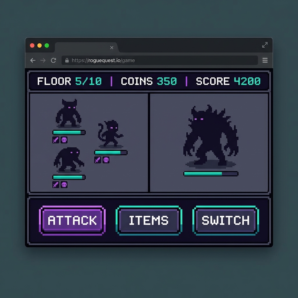 Browser-based roguelike game interface showing turn-based battle mechanics typical of mid-core browser games