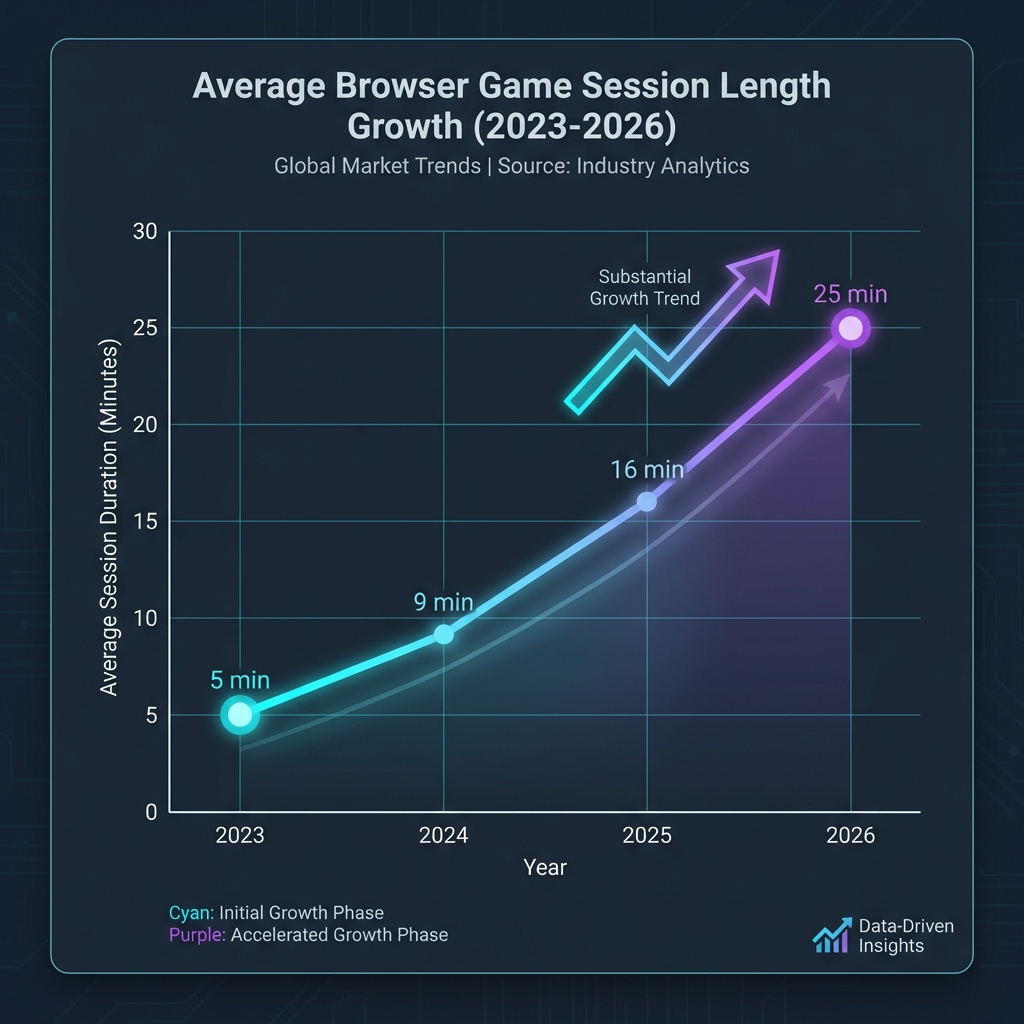 Graph showing average session length increasing from 5 minutes in 2023 to 25 minutes in 2026