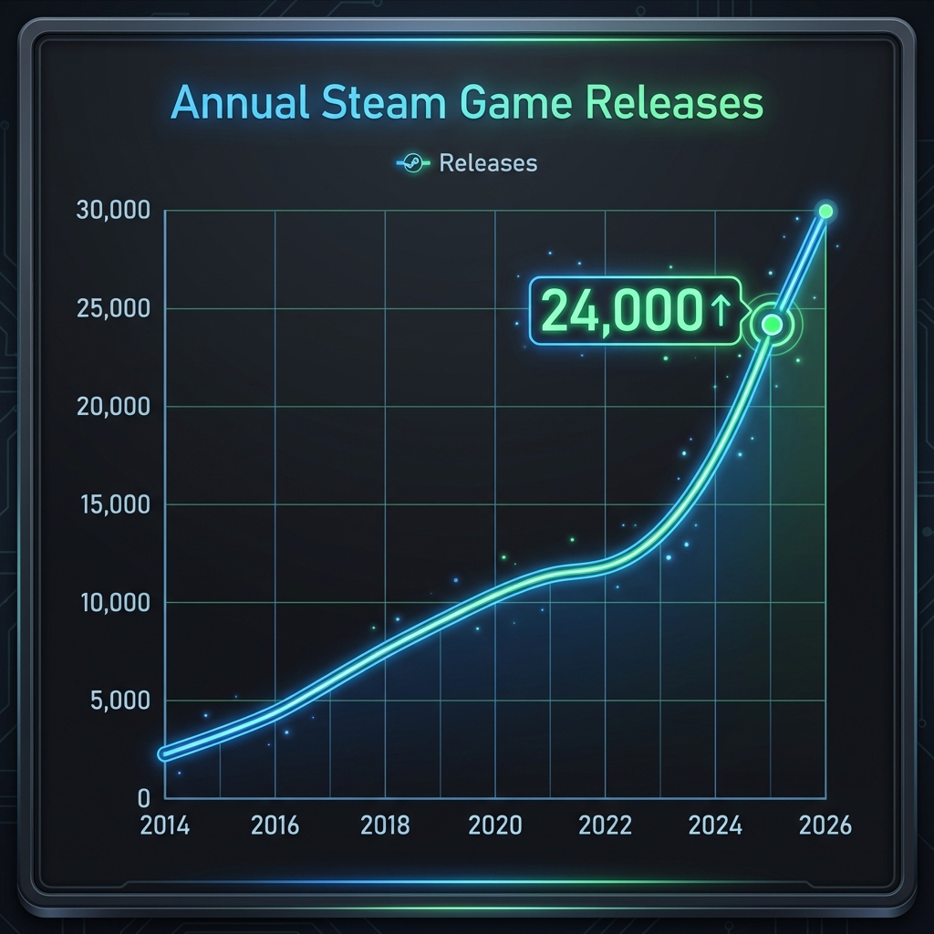 Chart showing Steam game releases growing exponentially from 2014 to 2026