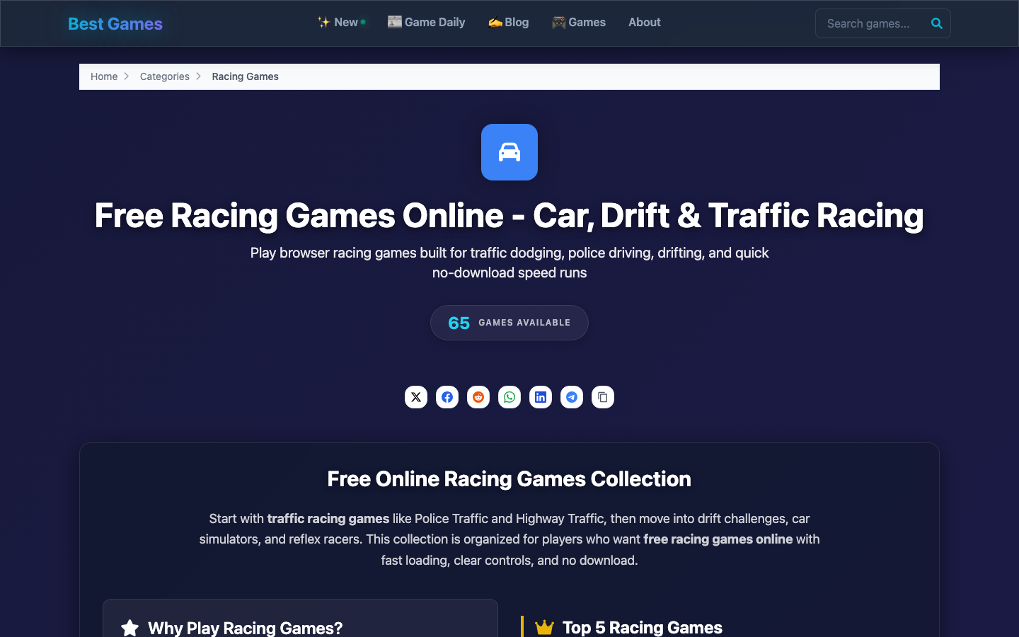 BestGames racing games category with no-download browser racing games