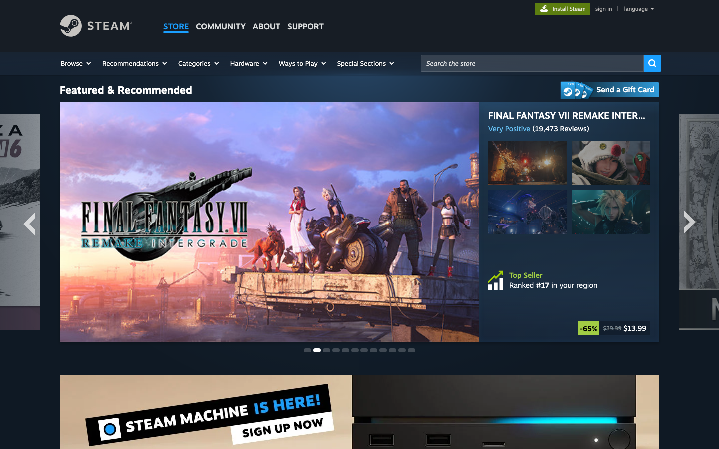 Steam store homepage showing featured games and sale pricing during the Steam Summer Sale window